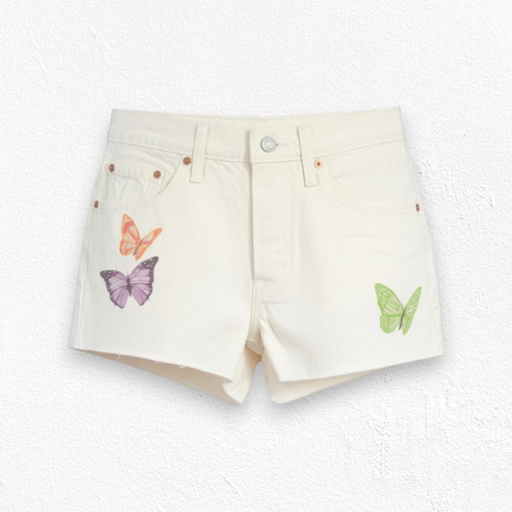 Levi’s 501 White Pastel Butterfly Shorts High Rise Cut Off Denim Shorts Size 27